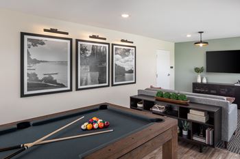 a games room with a pool table and a tv